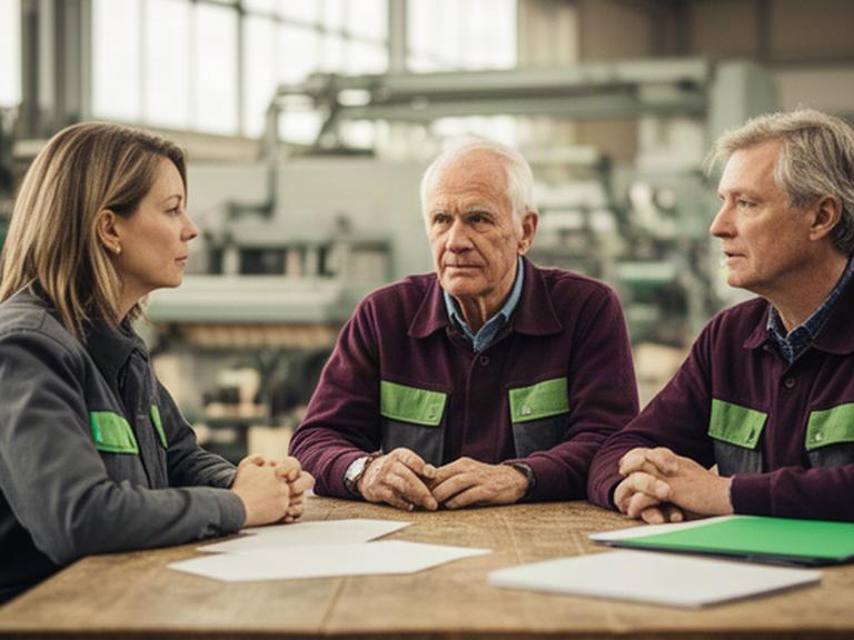 Familieleden bespreken de overdracht van een productiebedrijf aan een houten tafel in Twente