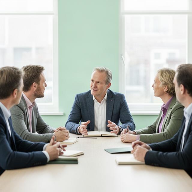 Adviseur aan tafel met ondernemers in een lichte vergaderruimte in Borne