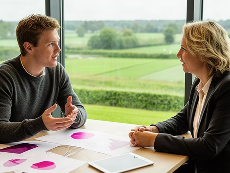 Ondernemer en adviseur bespreken groeicijfers aan tafel met Twents landschap zichtbaar door het raam