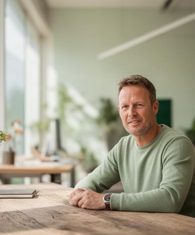 Strategisch adviseur Joost aan een houten tafel in een lichte werkruimte in Twente